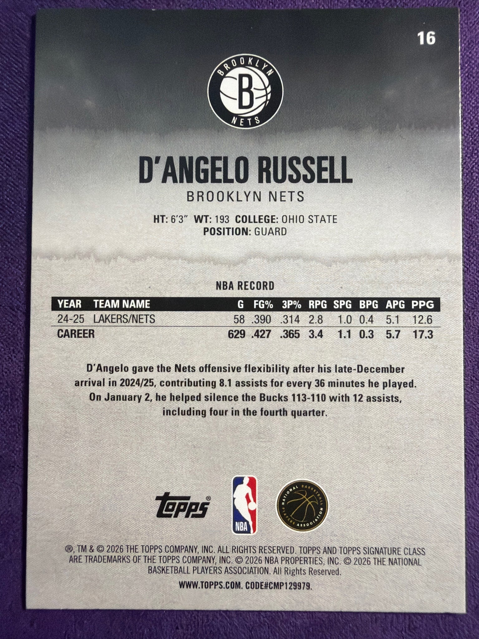 2025-26 Topps Signature Class D'Angelo Russell Bronze Parallel #16 Nets SP