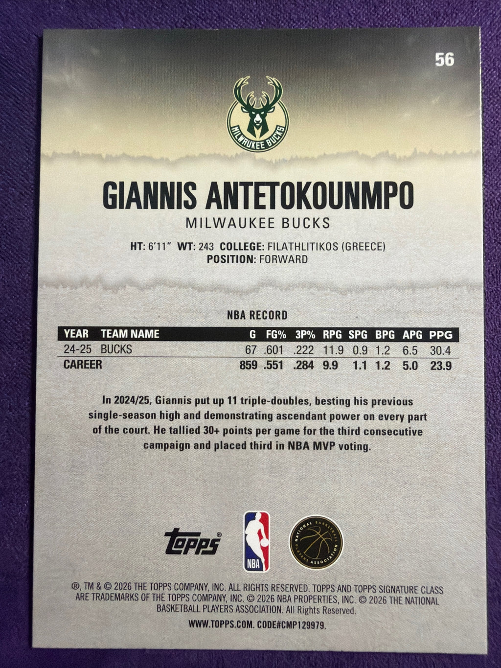 2025-26 Topps Signature Class Giannis Antetokounmpo Bronze Parallel #56 Bucks