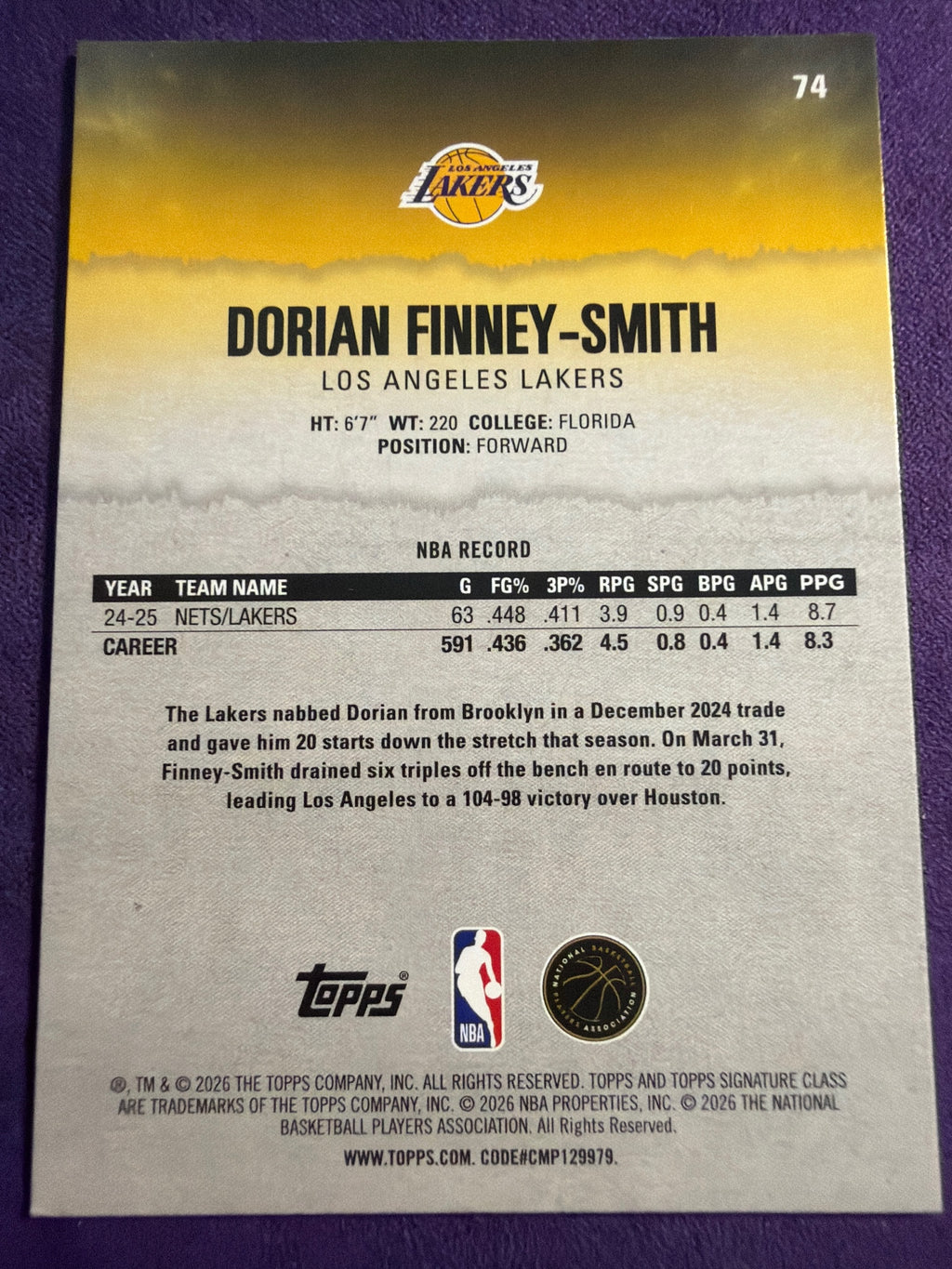 2025-26 Topps Signature Class Dorian Finney-Smith Bronze Parallel #74 Lakers