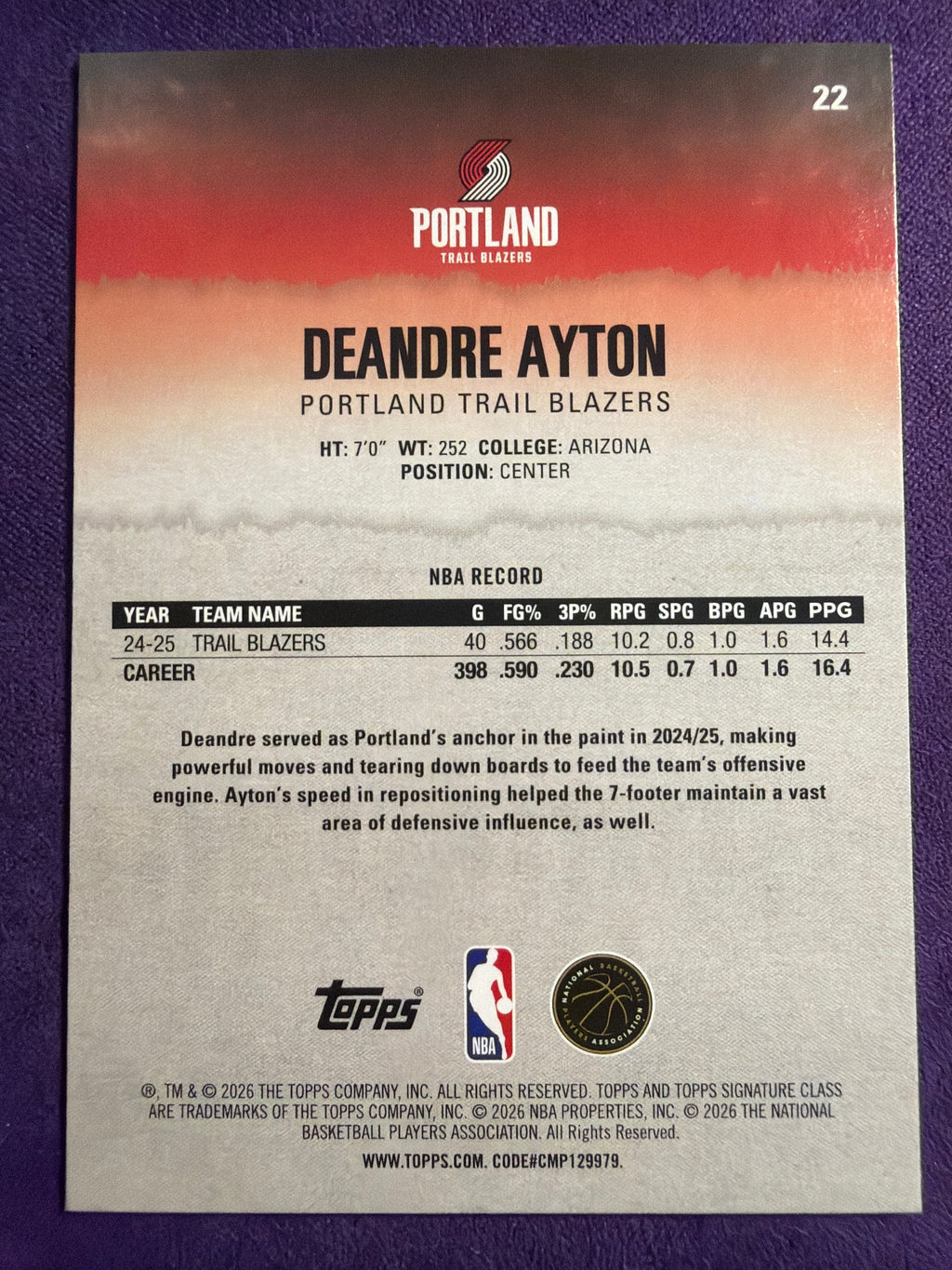 2025-26 Topps Signature Class Deandre Ayton #22 Portland Trail Blazers