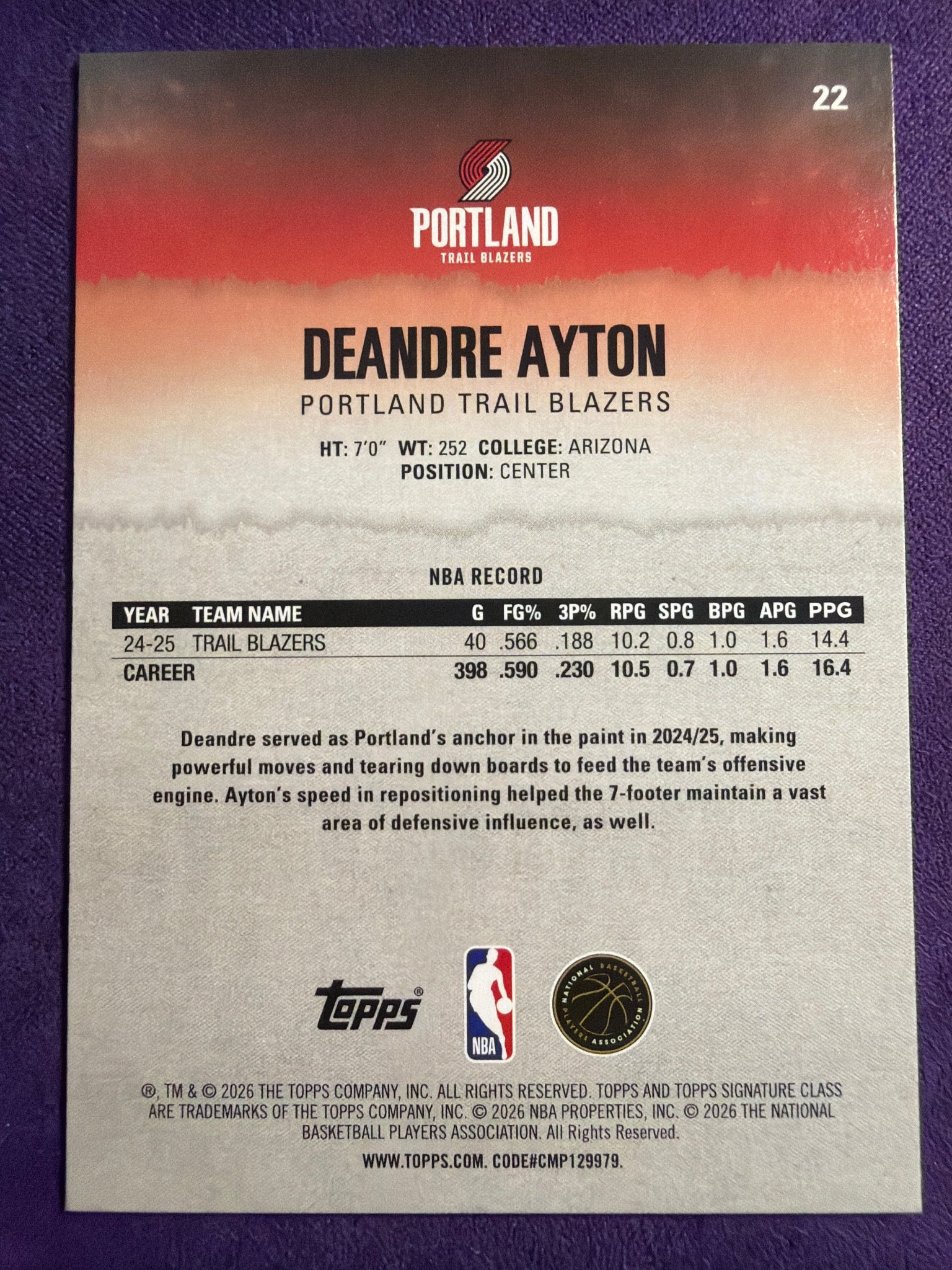 2025-26 Topps Signature Class Deandre Ayton #22 Portland Trail Blazers