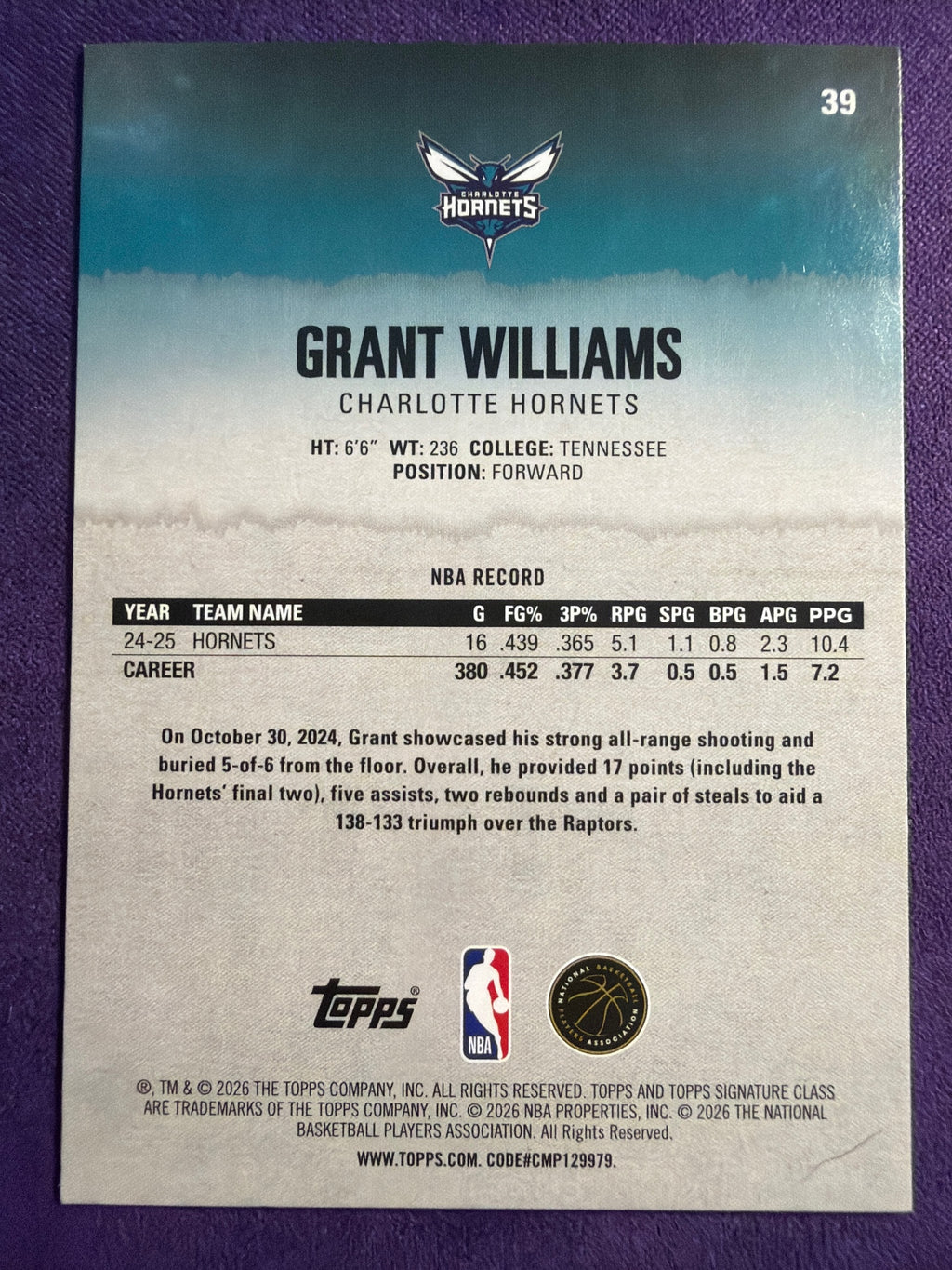 2025-26 Topps Signature Class Grant Williams Bronze Parallel #39 Hornets