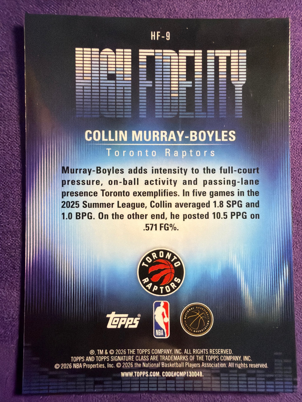 25-26 Topps Signature Class Collin Murray-Boyles High Fidelity RC #HF-9 Raptors