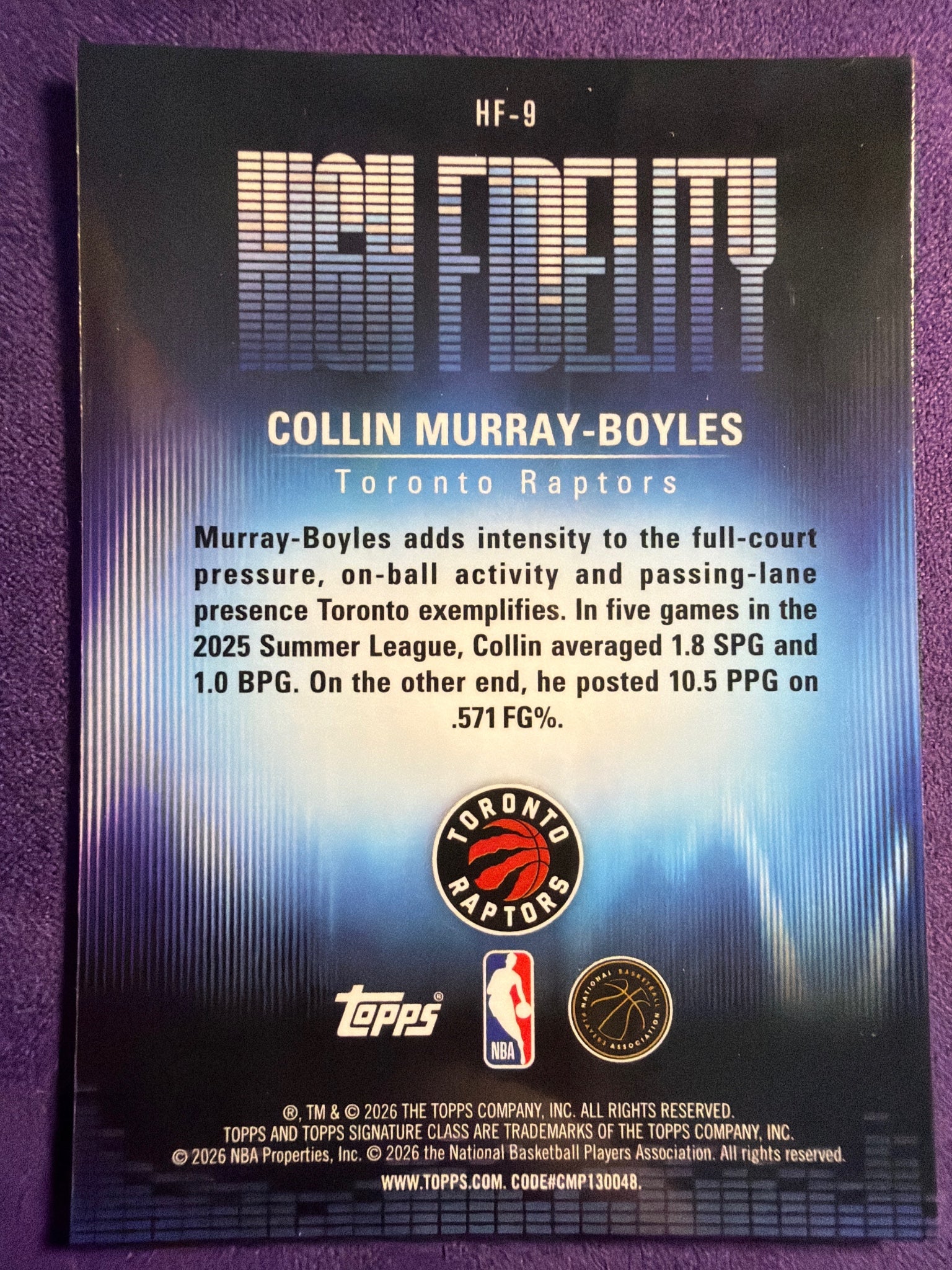 25-26 Topps Signature Class Collin Murray-Boyles High Fidelity RC #HF-9 Raptors