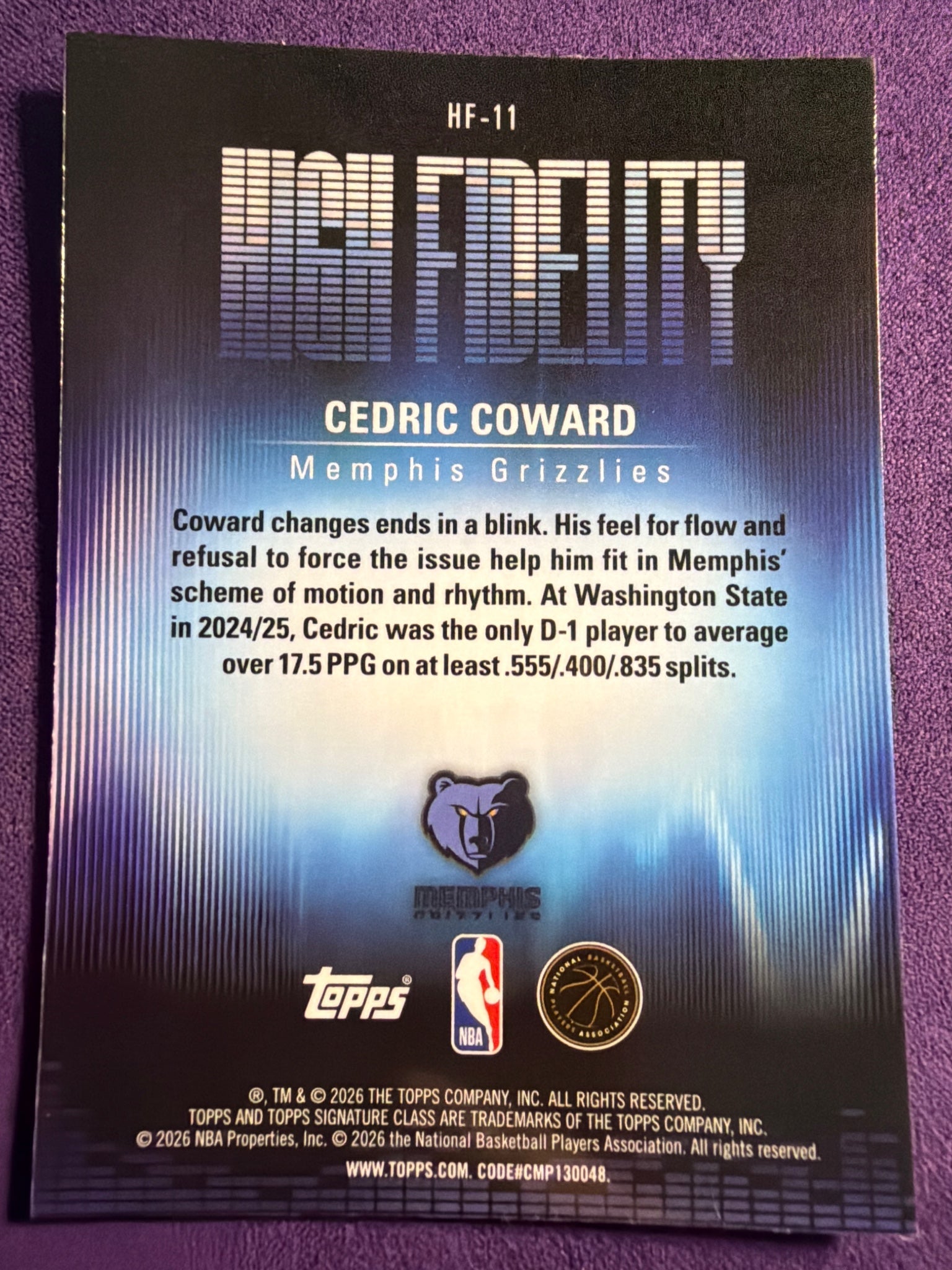 2025-26 Topps Signature Class Cedric Coward High Fidelity RC #HF-11 Grizzlies