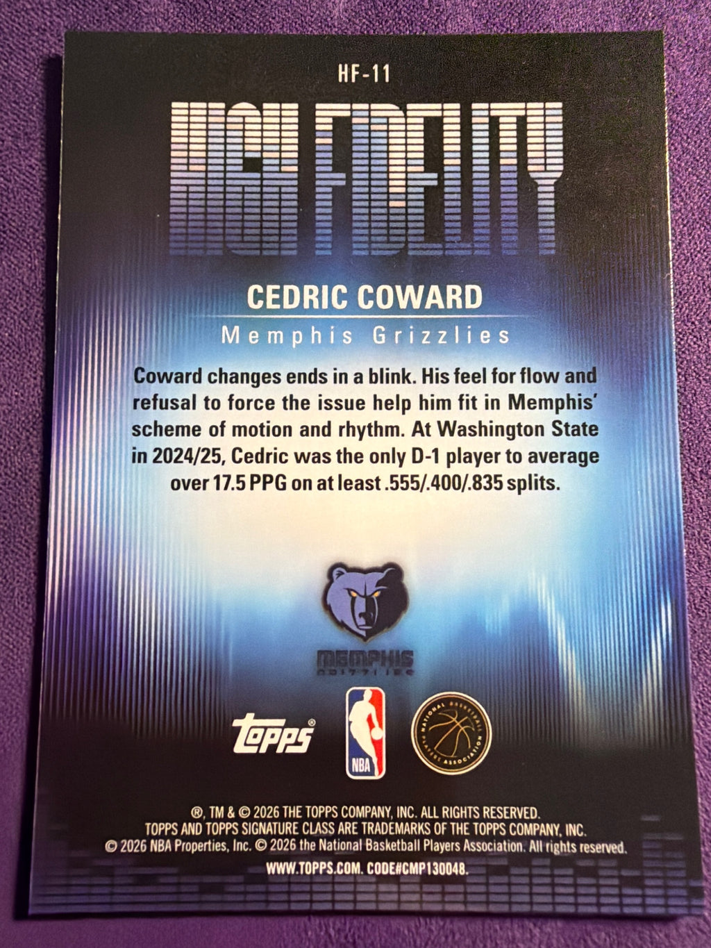 2025-26 Topps Signature Class Cedric Coward High Fidelity RC #HF-11 Grizzlies