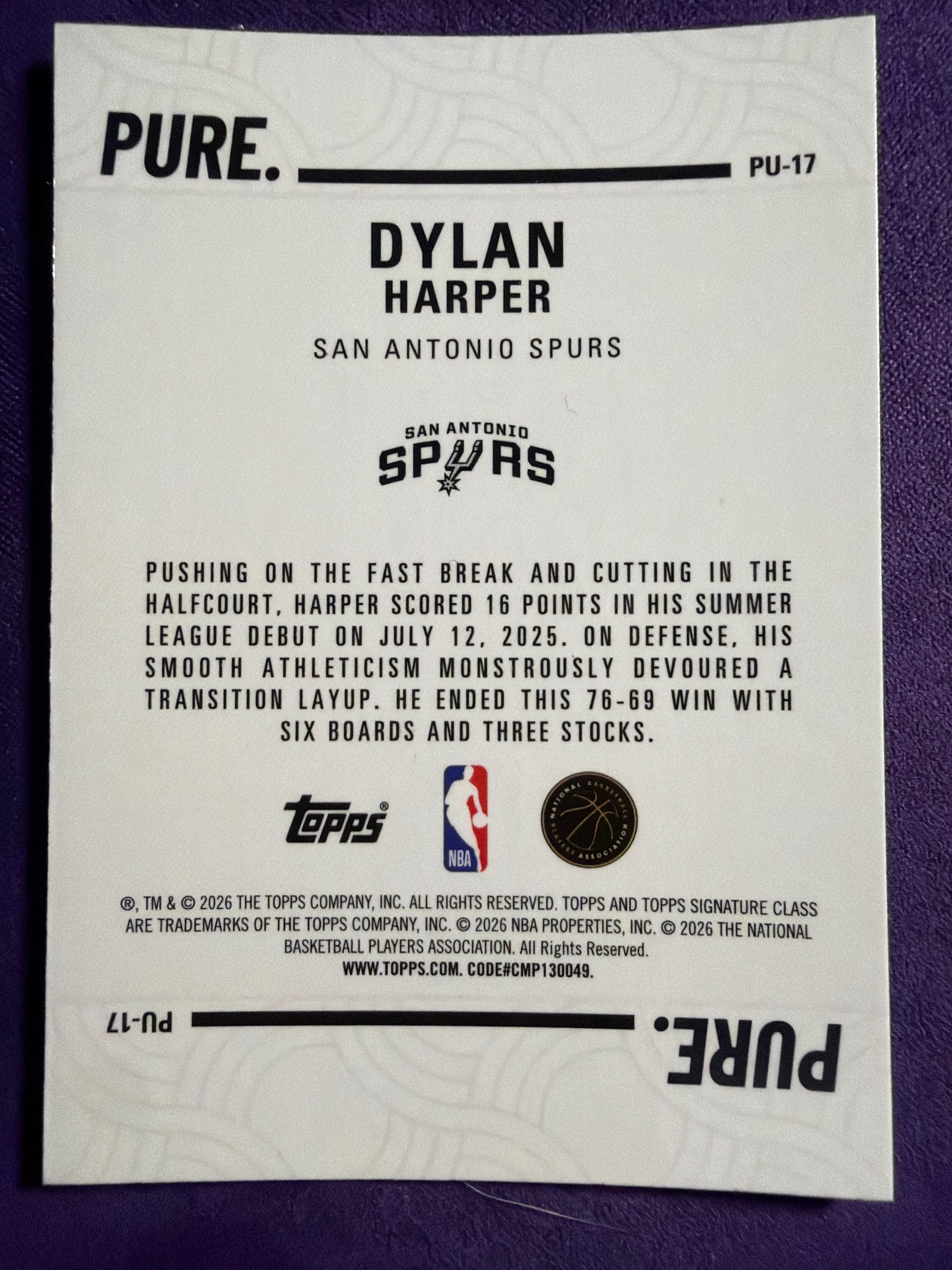 2025-26 Topps Signature Class Dylan Harper Pure Insert #PU-17