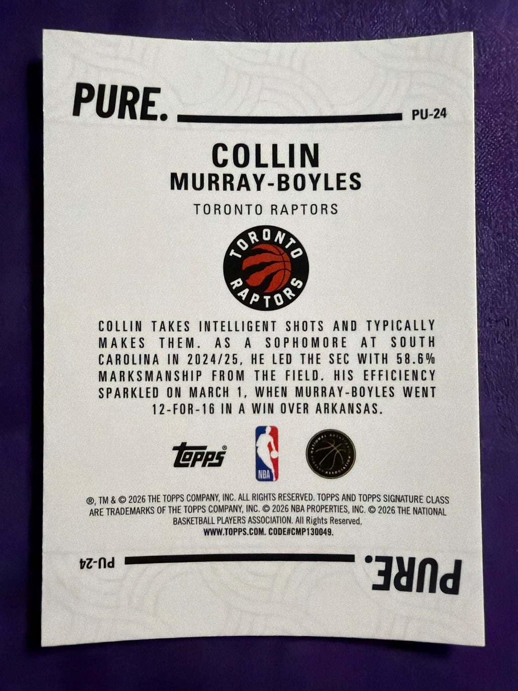 2025-26 Topps Signature Class Collin Murray-Boyles RC Pure Insert #PU-24