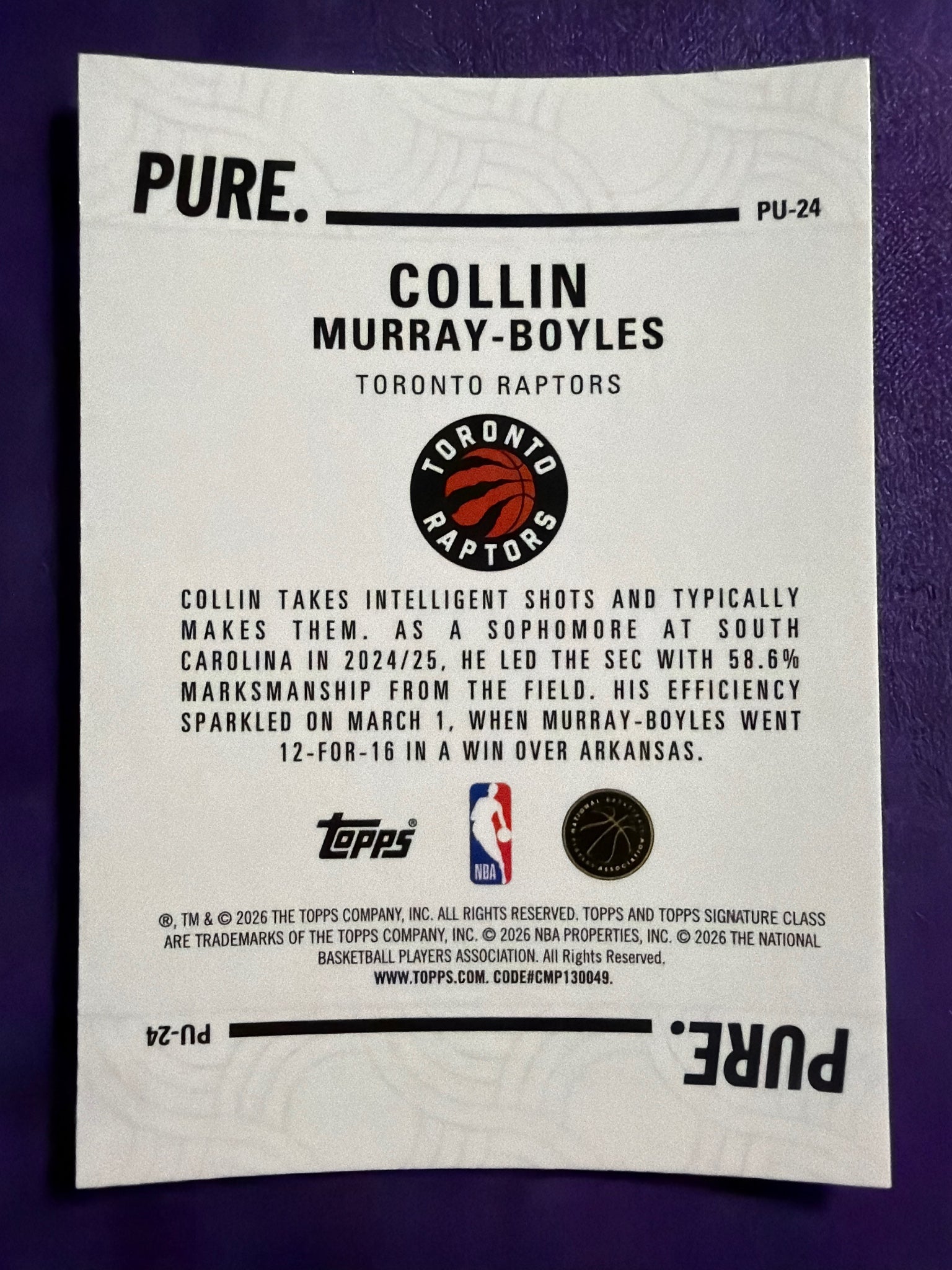 2025-26 Topps Signature Class Collin Murray-Boyles RC Pure Insert #PU-24