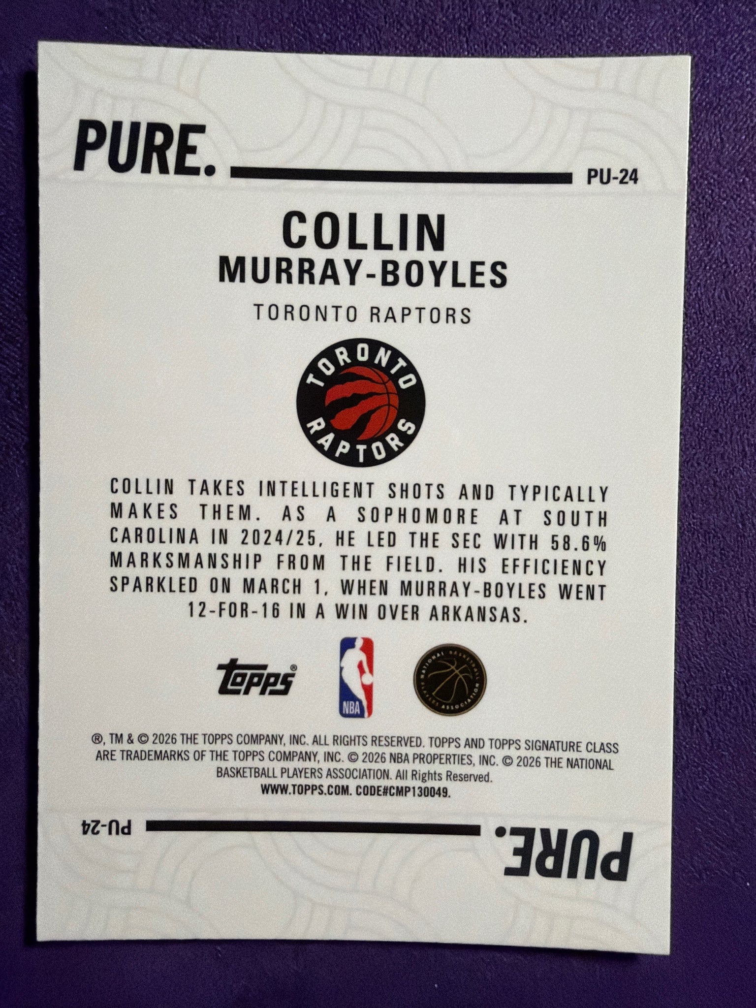 2025-26 Topps Signature Class Collin Murray-Boyles RC Pure Insert #PU-24