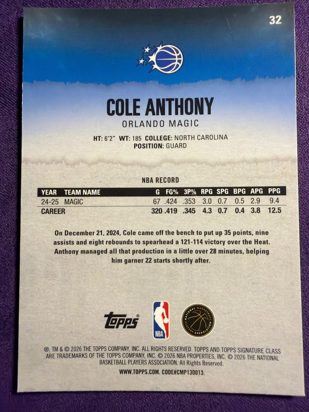 2025-26 Topps Signature Class Cole Anthony Chrome Pandora Yellow Refractor #32