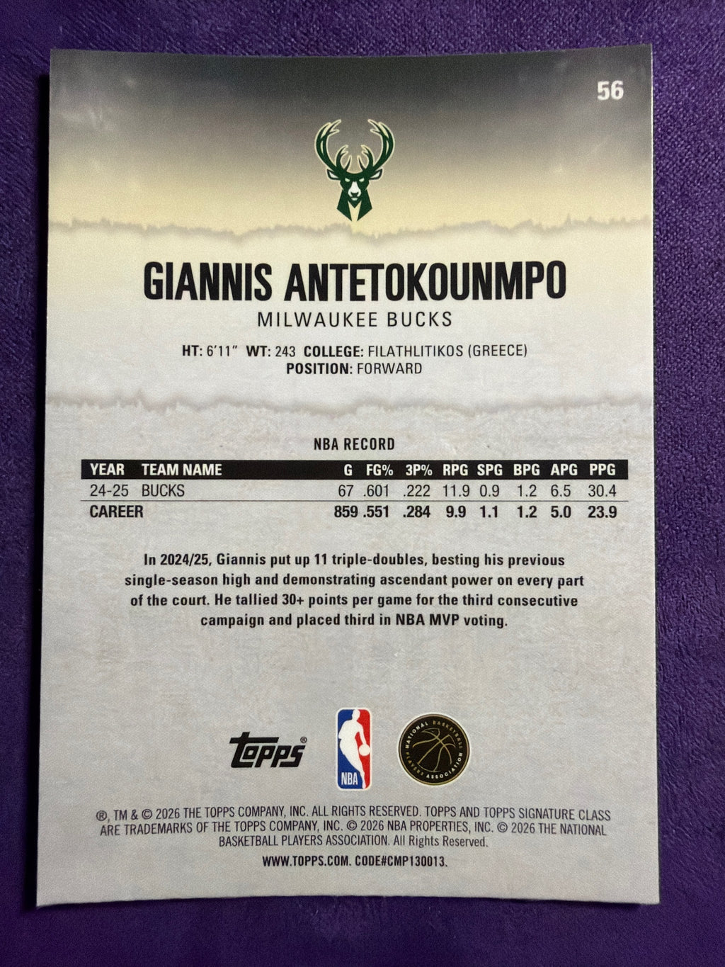 2025-26 Topps Signature Class Giannis Antetokounmpo Chrome Pandora Refractor #56