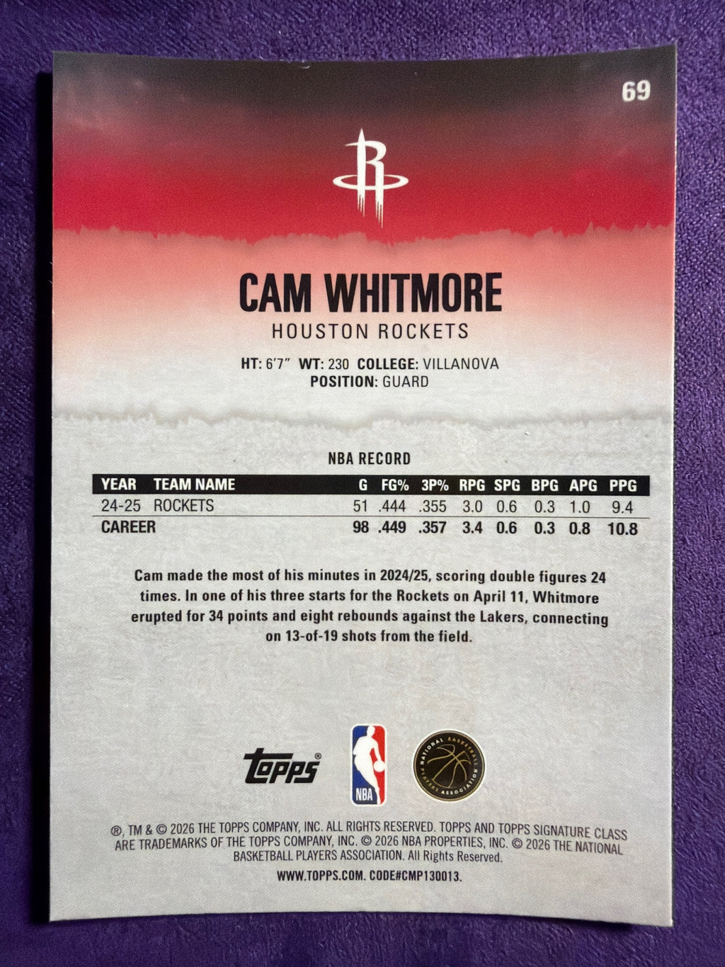 2025-26 Topps Signature Class Cam Whitmore Chrome Pandora Refractor #69