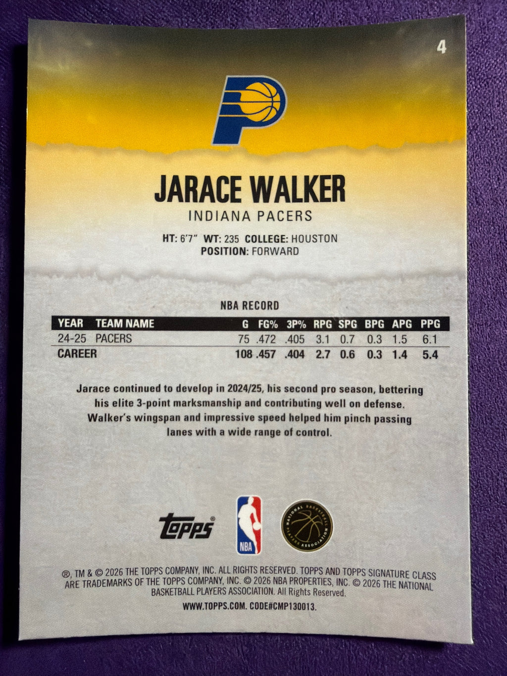 2025-26 Topps Signature Class Jarace Walker Chrome Pandora Refractor #4
