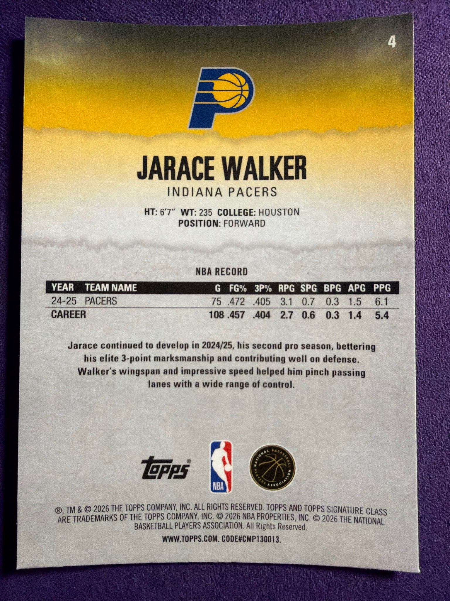 2025-26 Topps Signature Class Jarace Walker Chrome Pandora Refractor #4