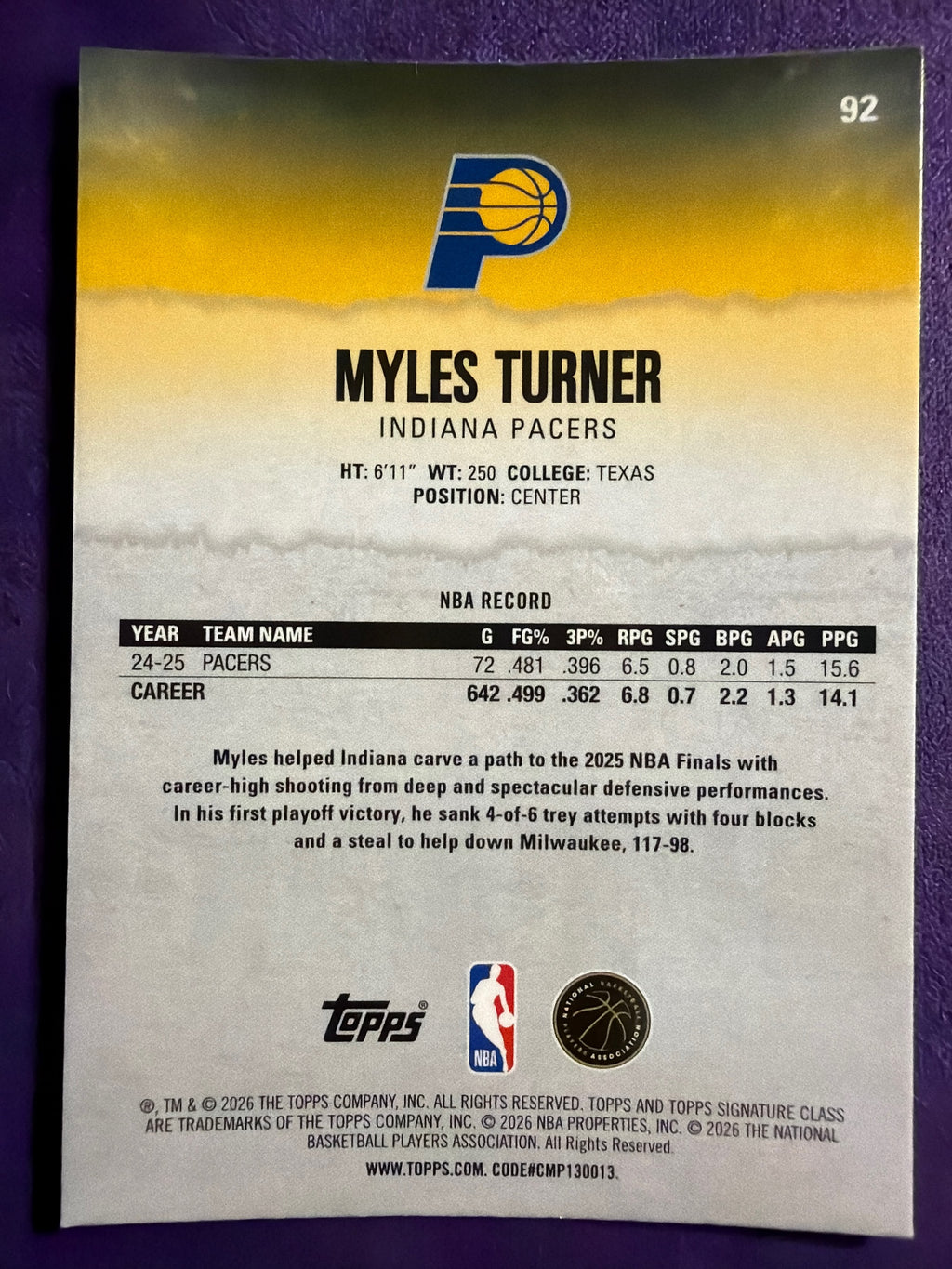2025-26 Topps Signature Class Myles Turner Chrome Pandora Refractor #92