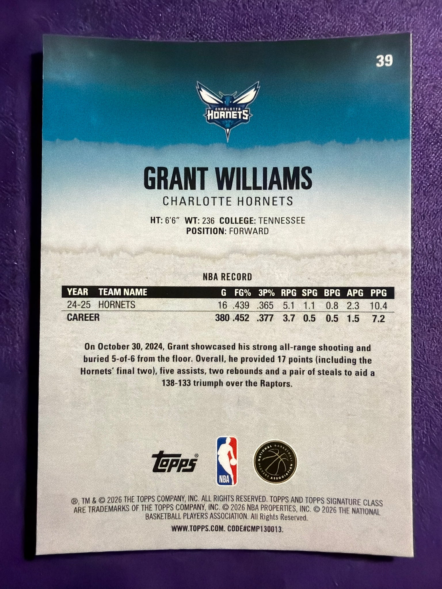 2025-26 Topps Signature Class Grant Williams Chrome Pandora Refractor #39