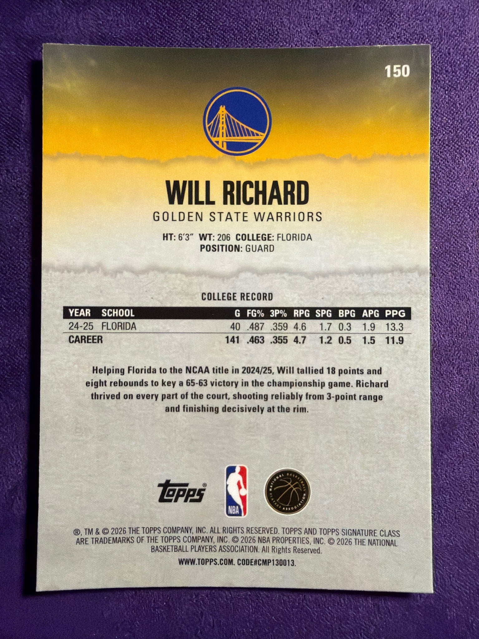 2025-26 Topps Signature Class Will Richard Chrome Pandora Refractor #150
