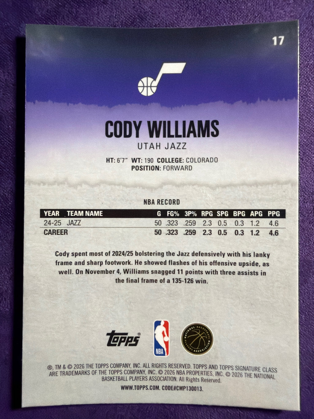 2025-26 Topps Signature Class Cody Williams Chrome Pandora Refractor #17
