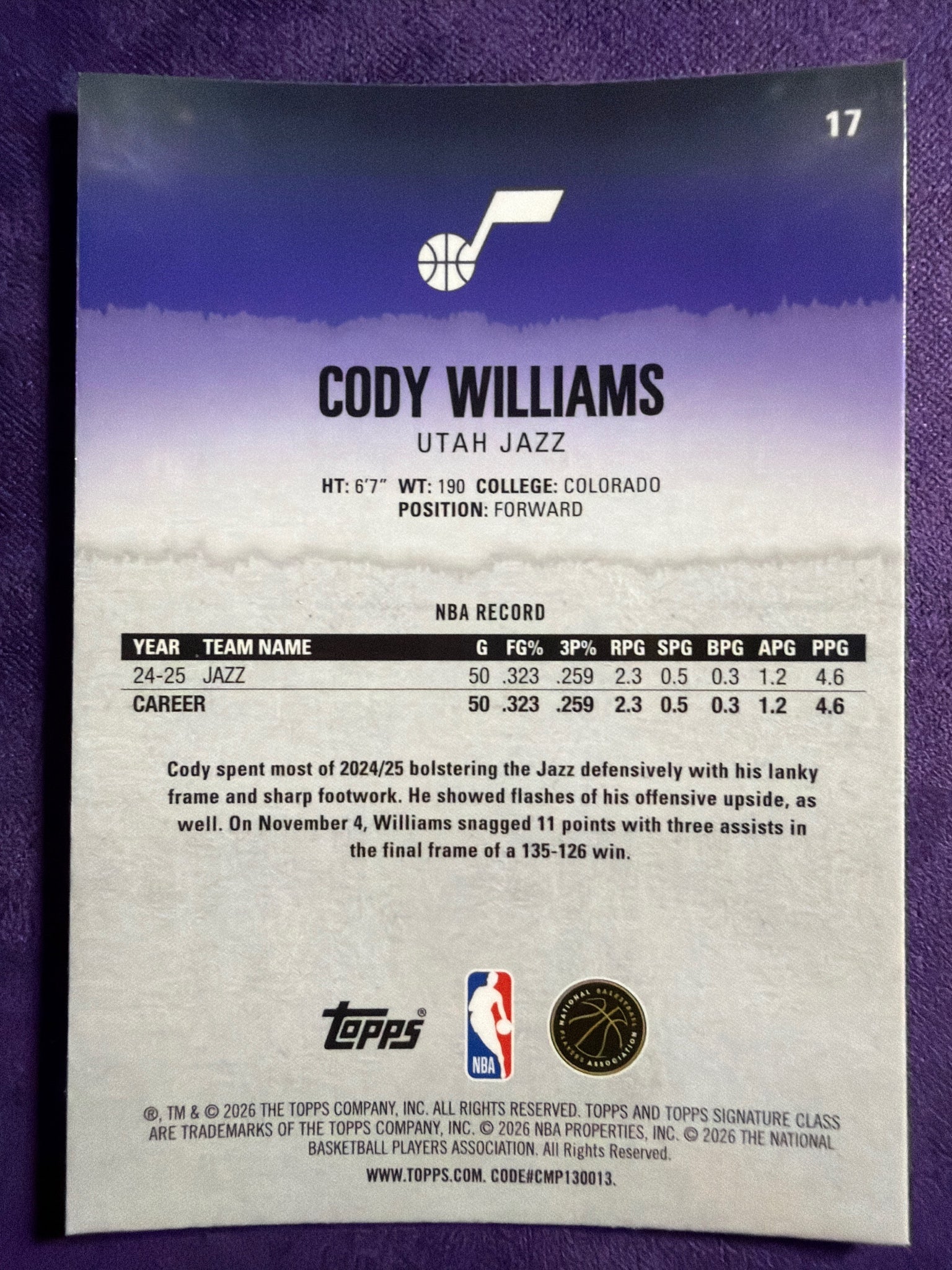 2025-26 Topps Signature Class Cody Williams Chrome Pandora Refractor #17