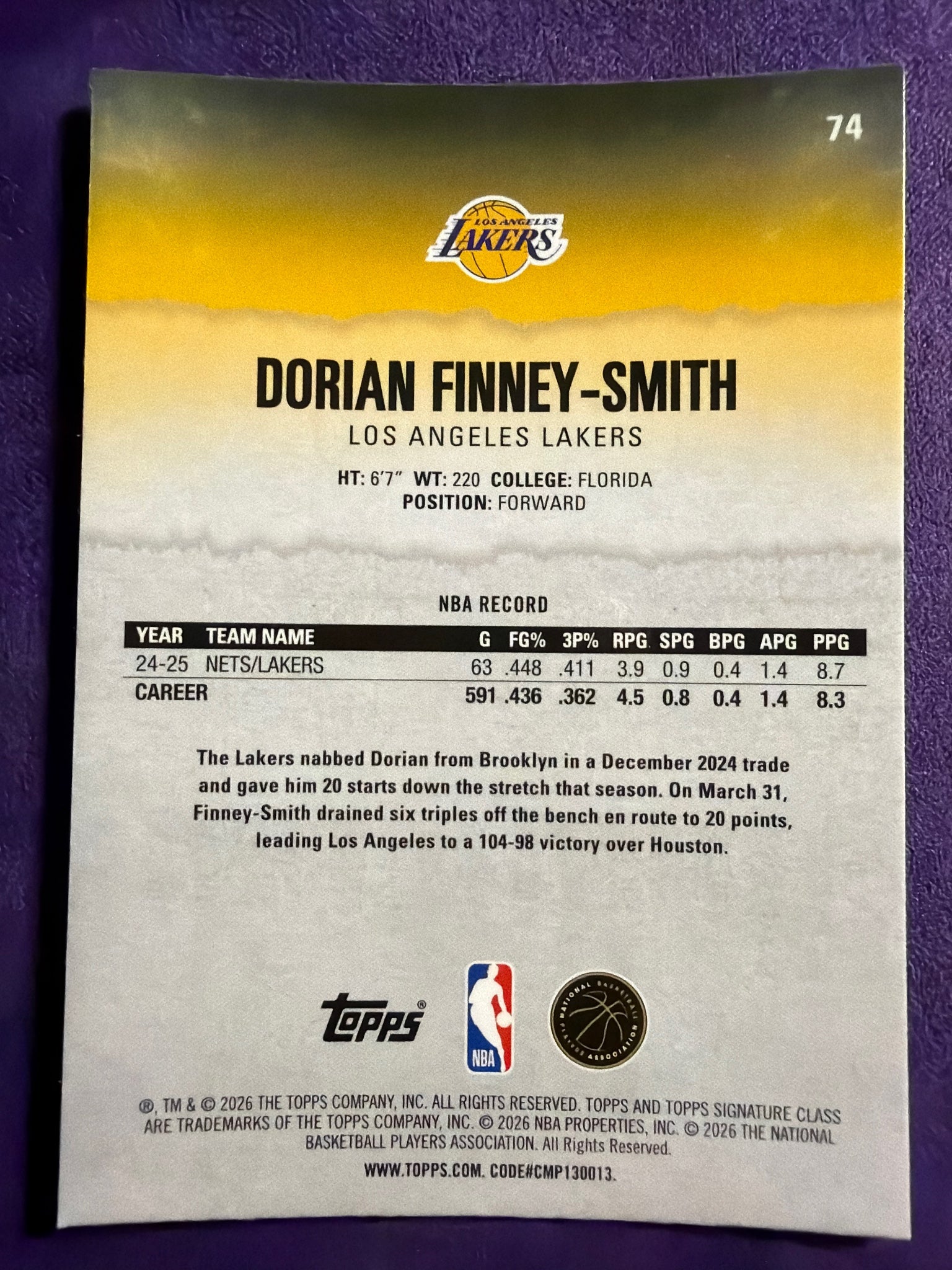 2025-26 Topps Signature Class Dorian Finney-Smith Chrome Pandora Refractor #74