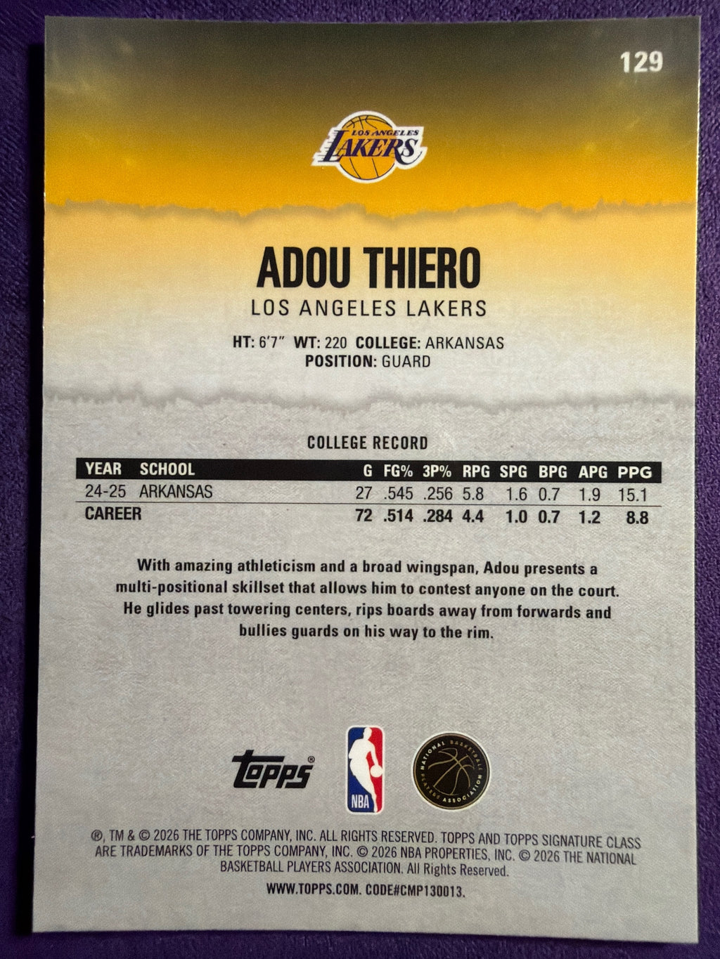 2025-26 Topps Signature Class Adou Thiero RC Chrome Pandora Refractor #129