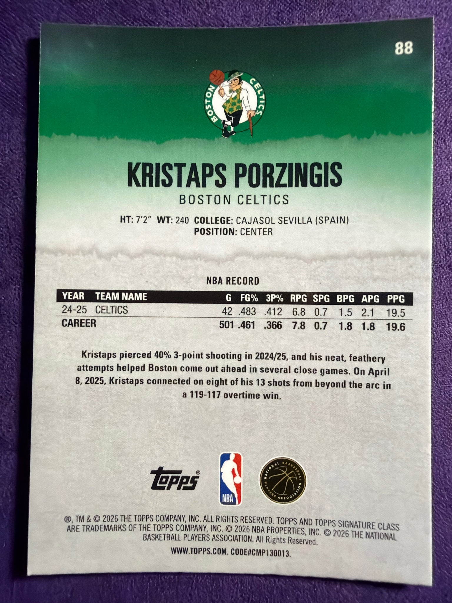 2025-26 Topps Signature Class Kristaps Porzingis Chrome Pandora Refractor #88