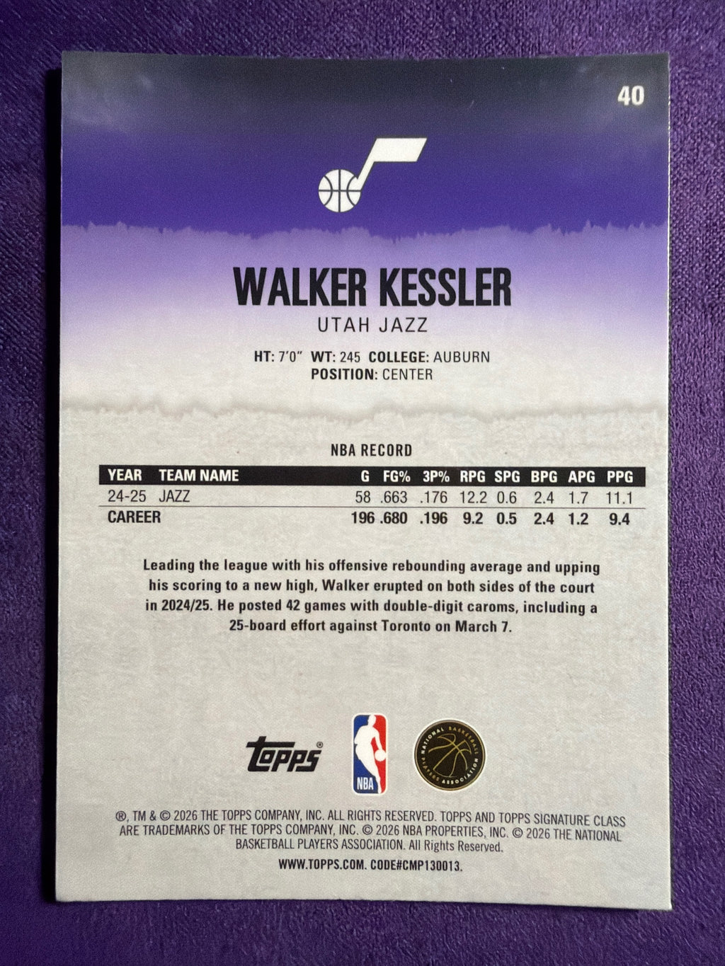 2025-26 Topps Signature Class Walker Kessler Chrome Pandora Refractor #40