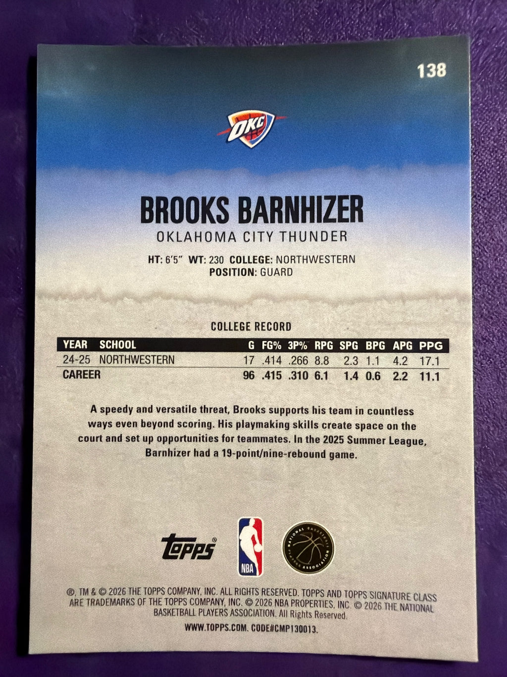 2025-26 Topps Signature Class Brooks Barnhizer Chrome Pandora Refractor #138