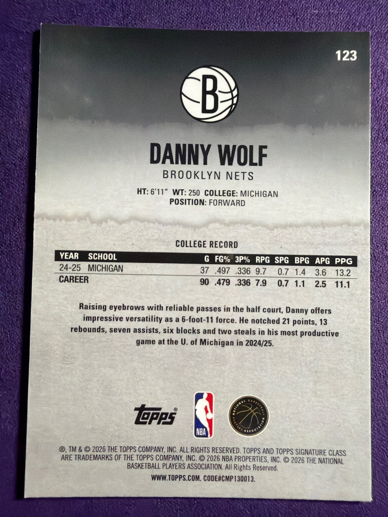 2025-26 Topps Signature Class Danny Wolf RC Chrome Pandora Refractor #123