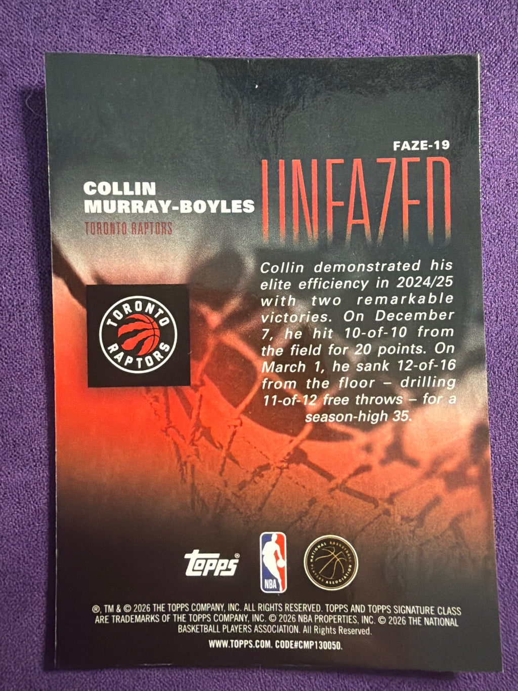 2025-26 Topps Signature Class Collin Murray-Boyles RC Unfazed Insert #FAZE-19