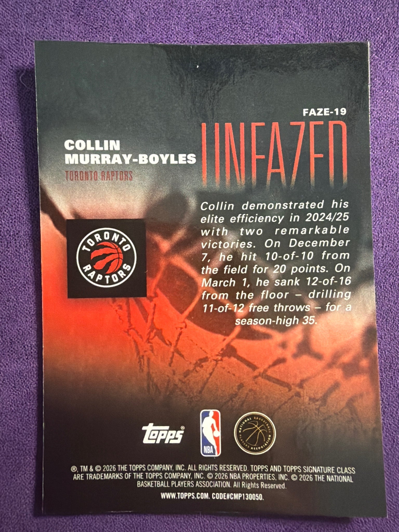 2025-26 Topps Signature Class Collin Murray-Boyles RC Unfazed Insert #FAZE-19