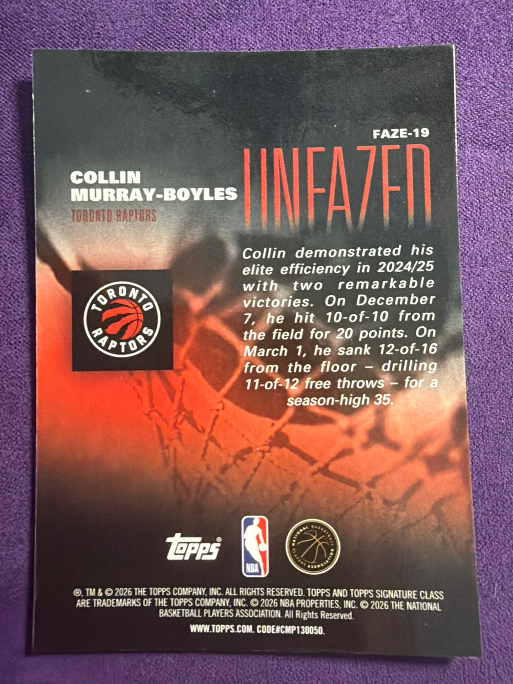 2025-26 Topps Signature Class Collin Murray-Boyles RC Unfazed Insert #FAZE-19