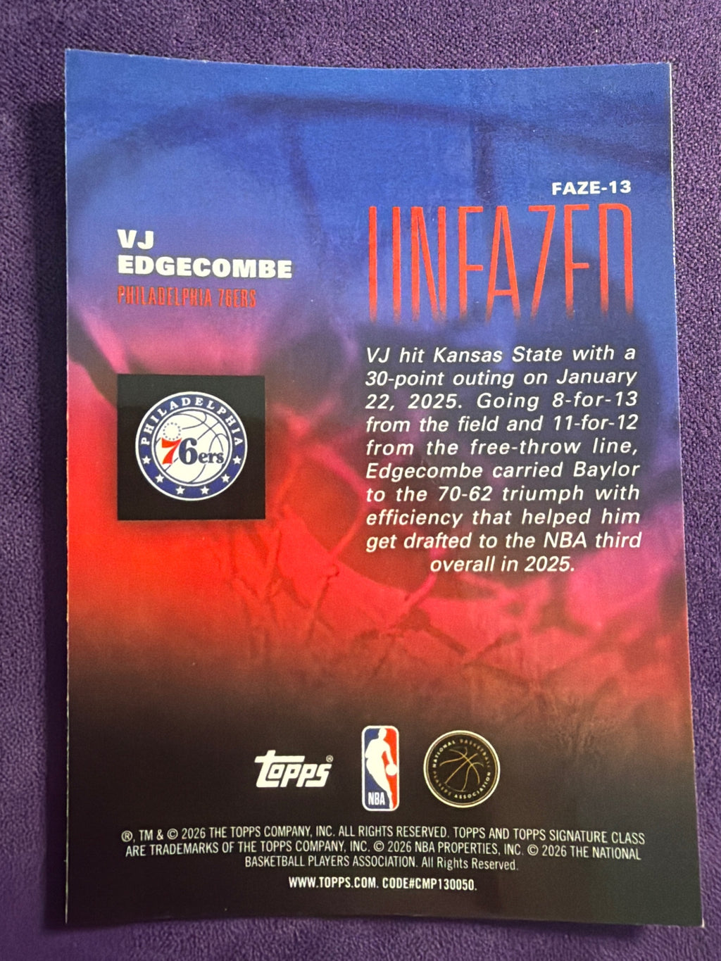 2025-26 Topps Signature Class VJ Edgecombe RC Unfazed Insert #FAZE-13
