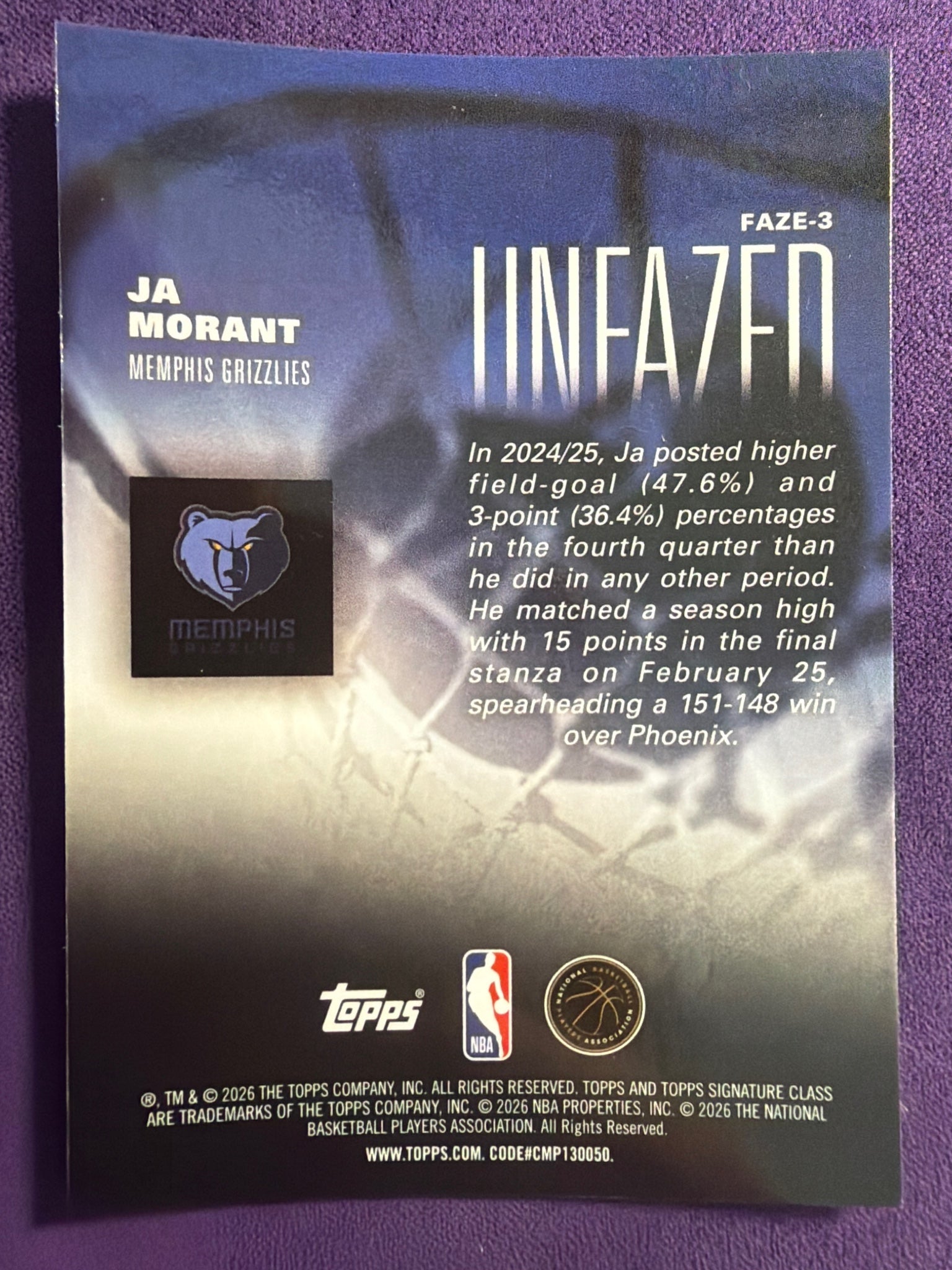 2025-26 Topps Signature Class Ja Morant Unfazed Insert #FAZE-3