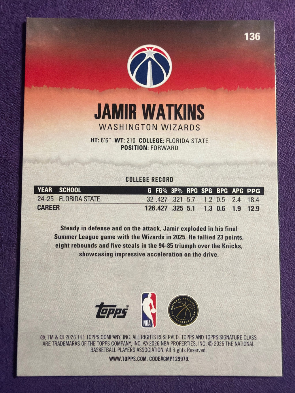2025-26 Topps Signature Class Jamir Watkins RC Blue & Orange Parallel #136
