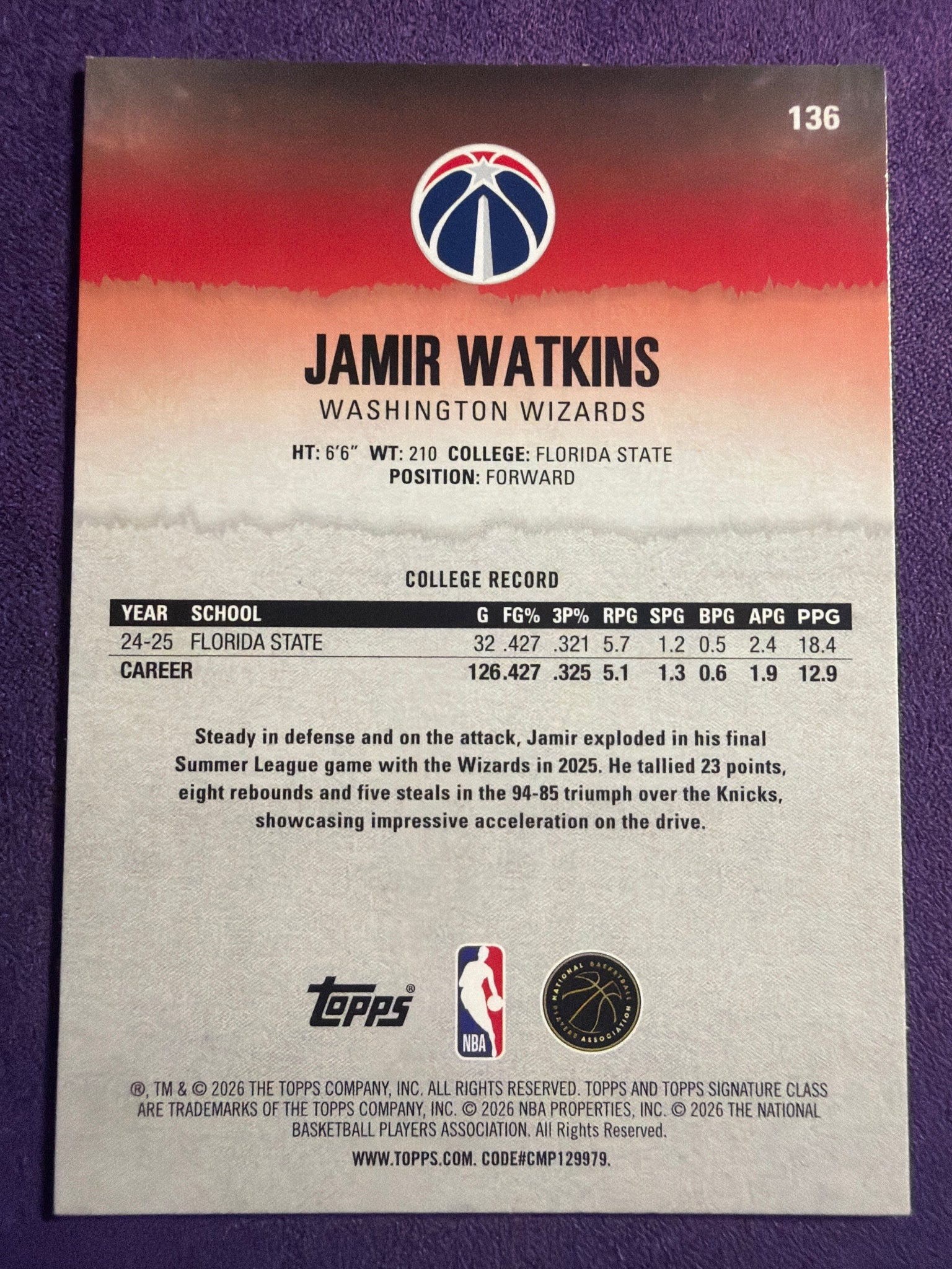 2025-26 Topps Signature Class Jamir Watkins RC Blue & Orange Parallel #136