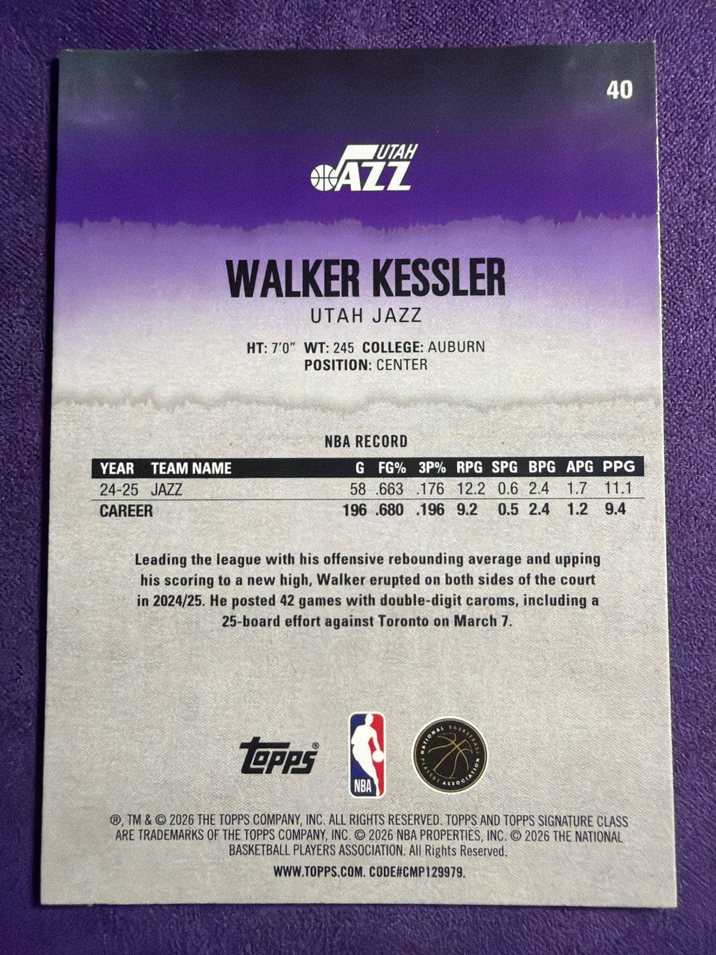 2025-26 Topps Signature Class Walker Kessler Blue & Orange Parallel #40