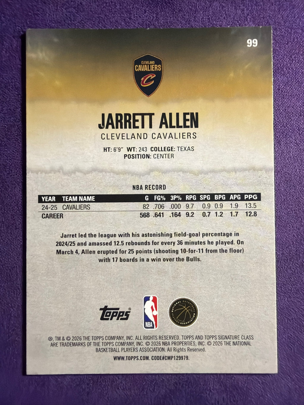 2025-26 Topps Signature Class Jarrett Allen Blue & Orange Parallel #99