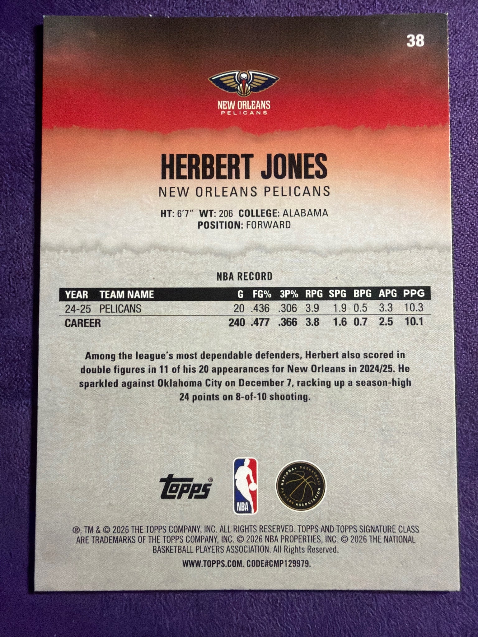 2025-26 Topps Signature Class Herbert Jones Blue & Orange Parallel #38