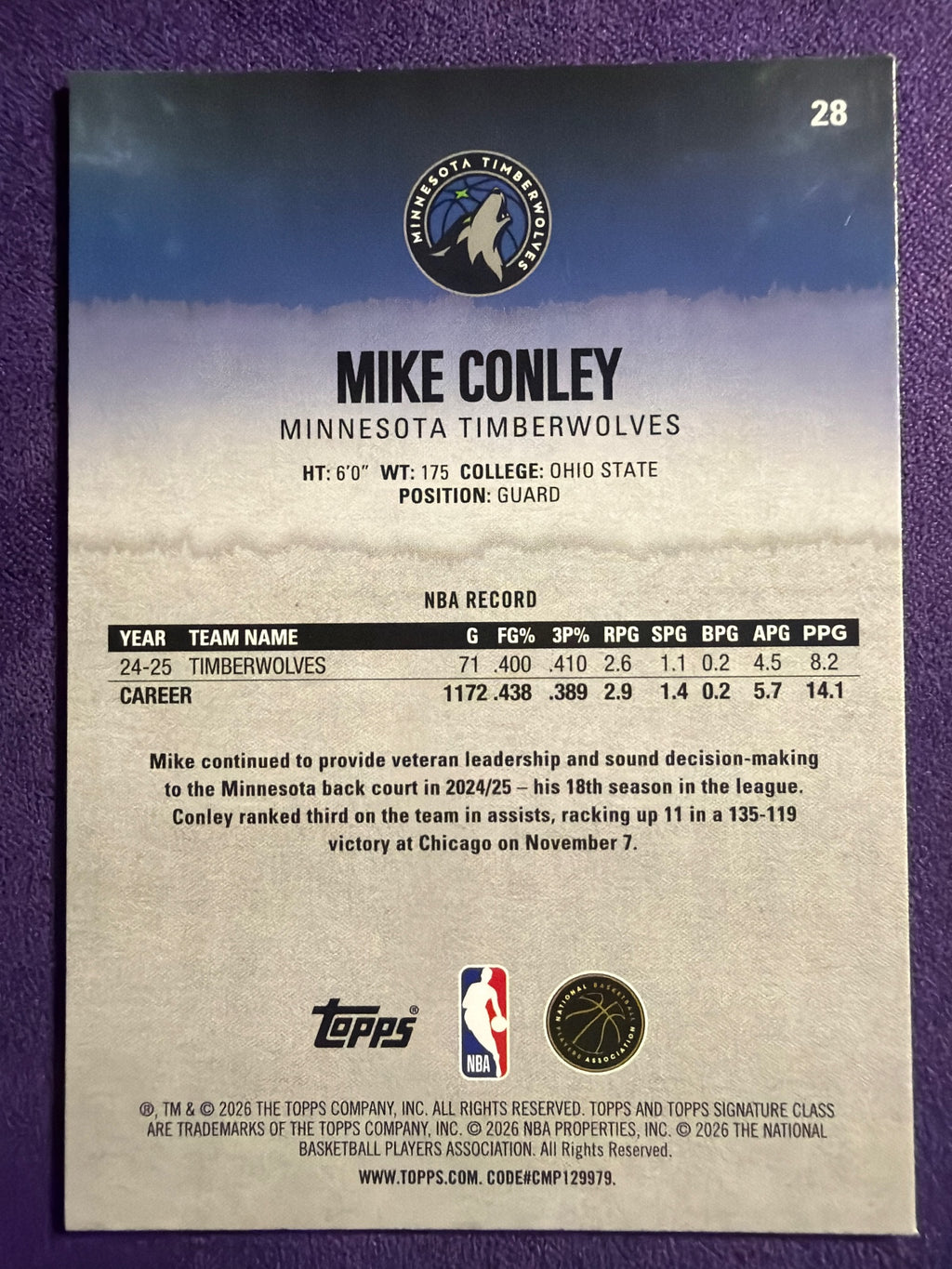 25-26 Topps Signature Class Mike Conley Blue & Orange Parallel #28  Description