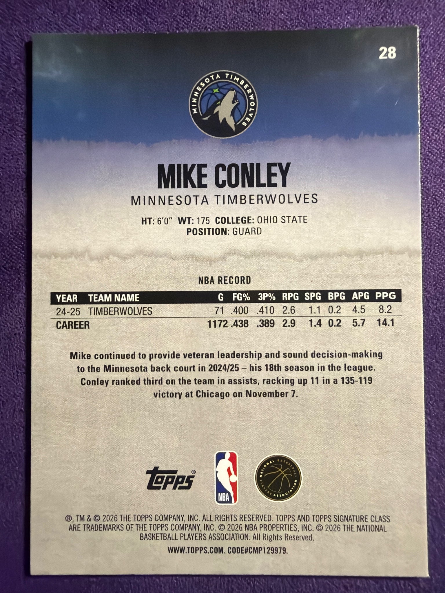 25-26 Topps Signature Class Mike Conley Blue & Orange Parallel #28  Description