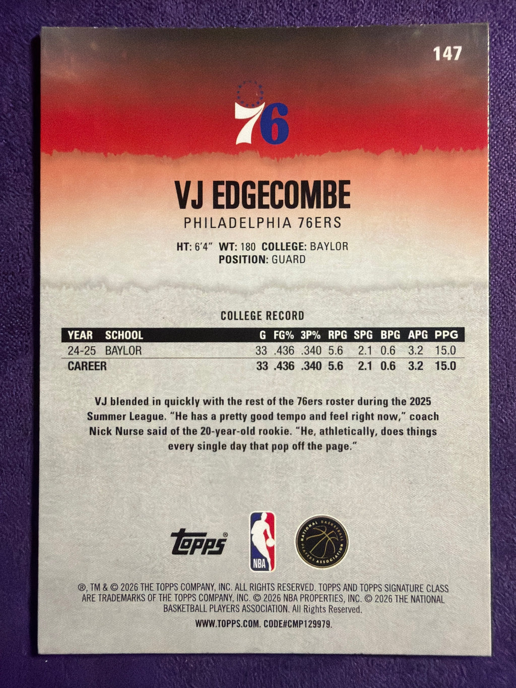 2025-26 Topps Signature Class VJ Edgecombe RC Blue & Orange Parallel #147