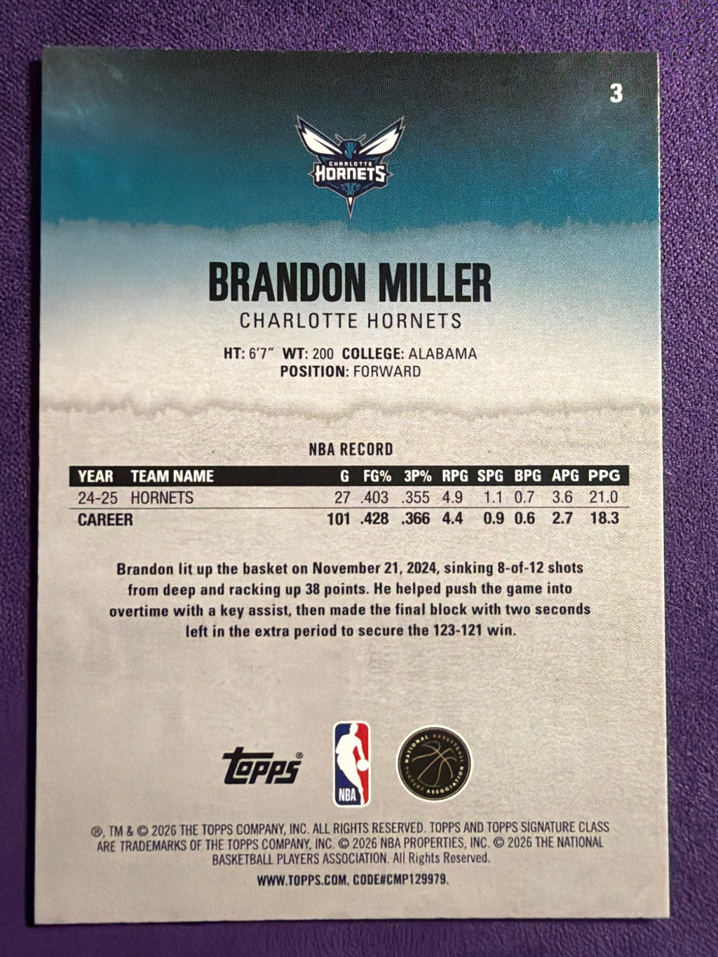2025-26 Topps Signature Class Brandon Miller Blue & Orange Parallel #3
