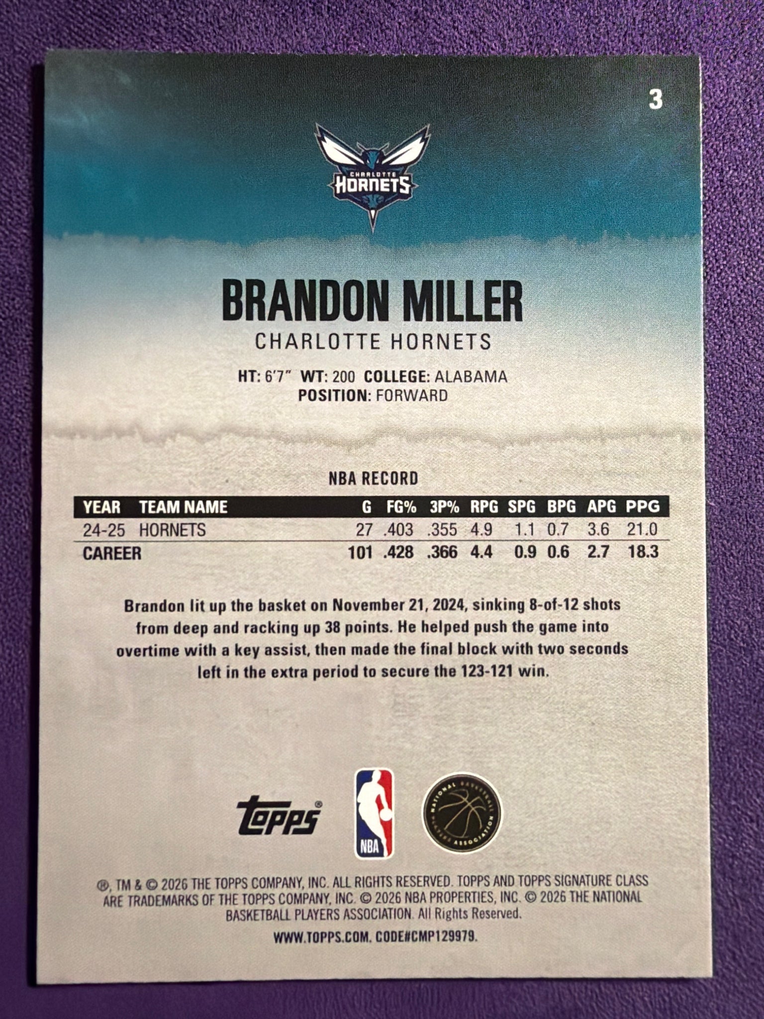 2025-26 Topps Signature Class Brandon Miller Blue & Orange Parallel #3
