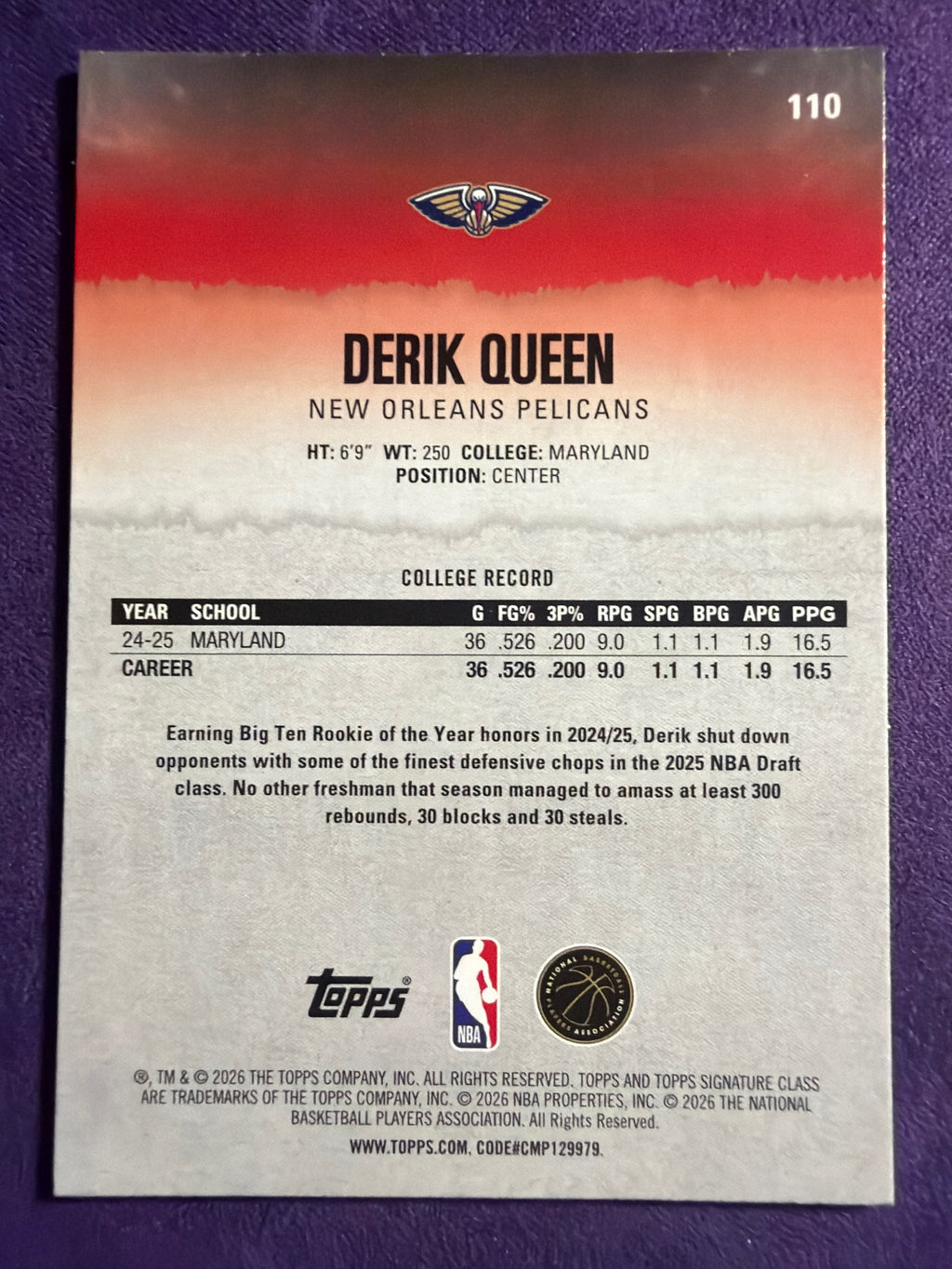 2025-26 Topps Signature Class Derik Queen RC Blue & Orange Parallel #110