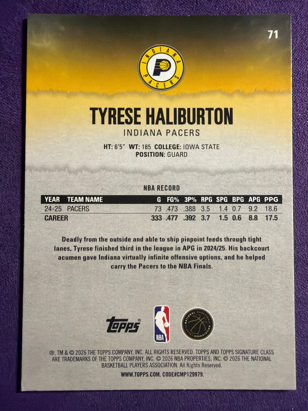 2025-26 Topps Signature Class Tyrese Haliburton Blue & Orange Parallel #71