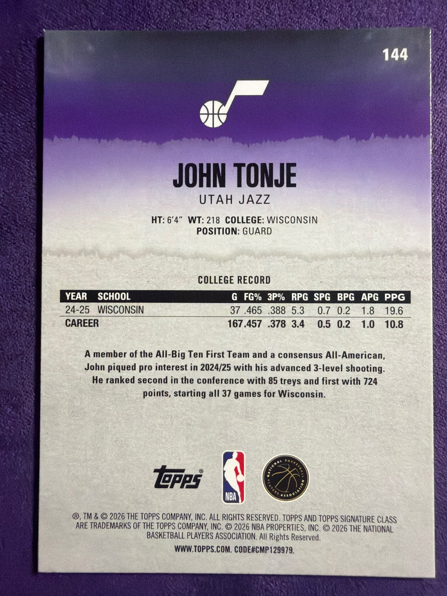 2025-26 Topps Signature Class John Tonje RC Blue & Orange Parallel #144