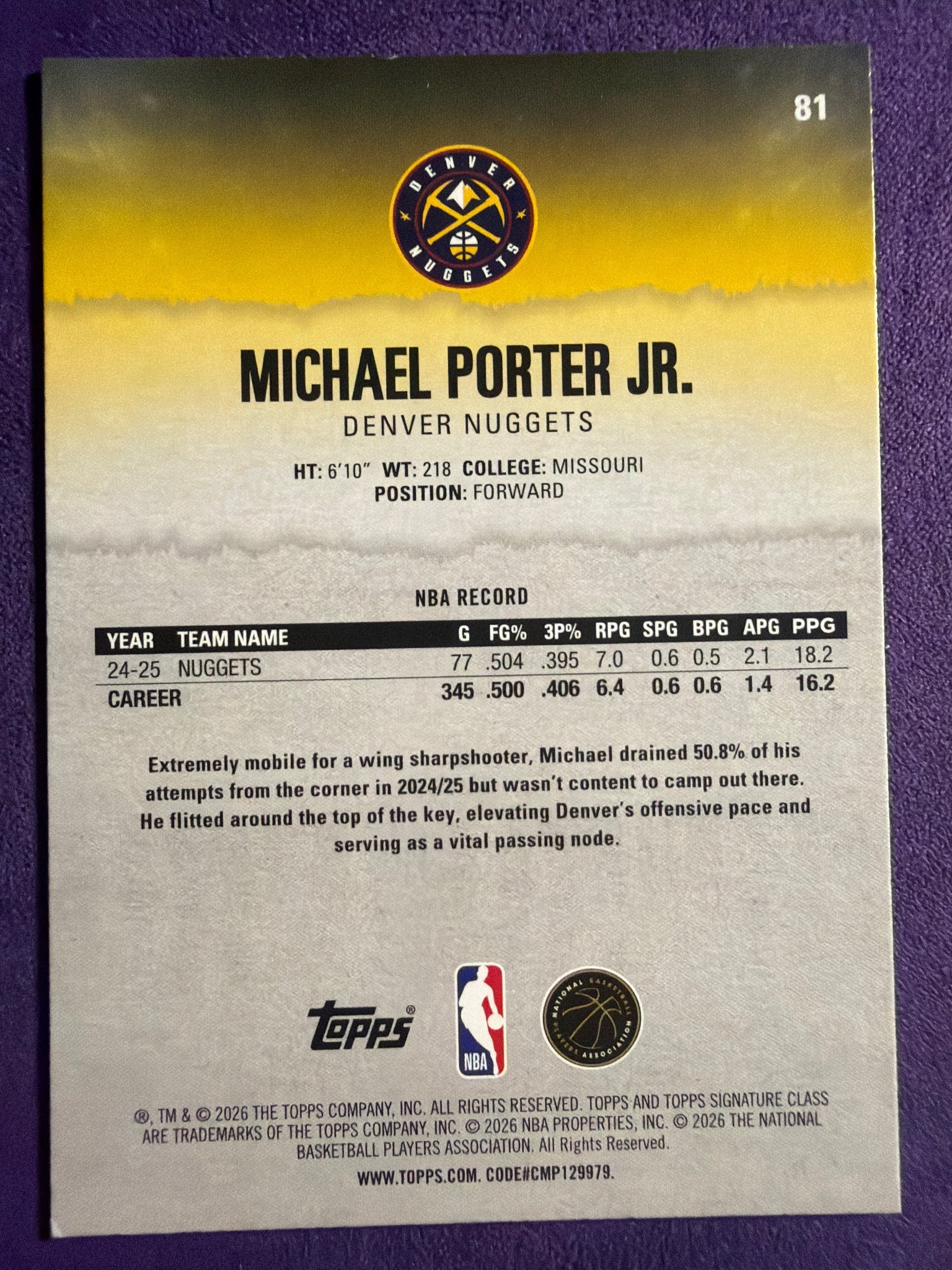 2025-26 Topps Signature Class Michael Porter Jr. Blue & Orange Parallel #81