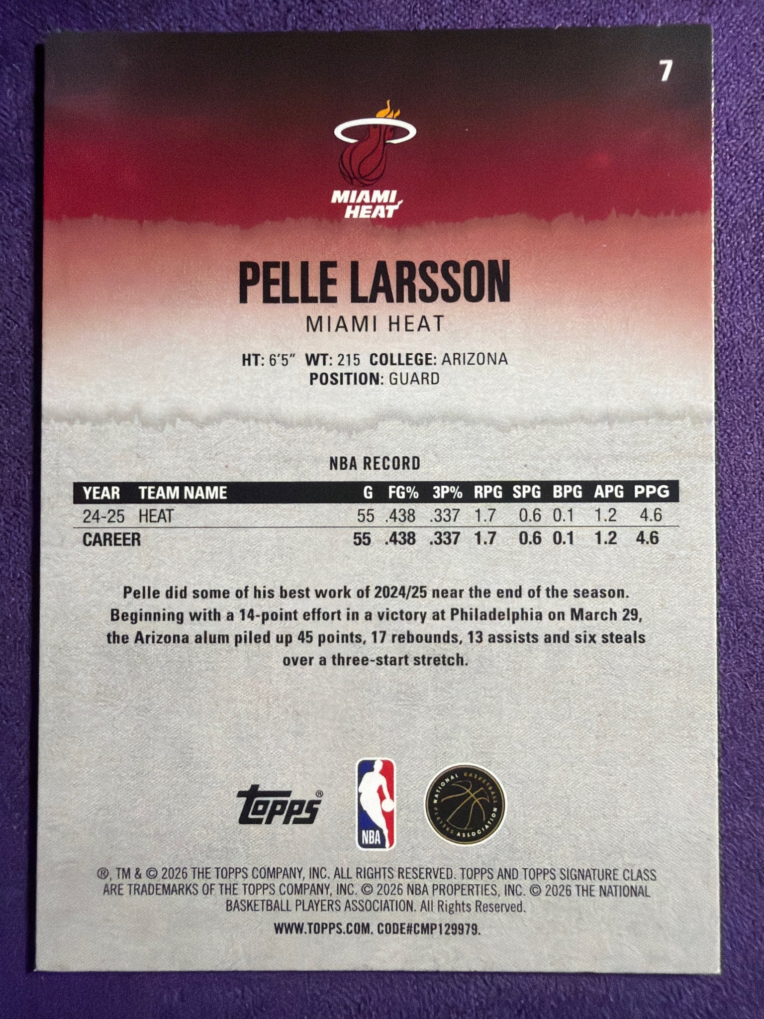 2025-26 Topps Signature Class Pelle Larsson RC Blue & Orange Parallel #7